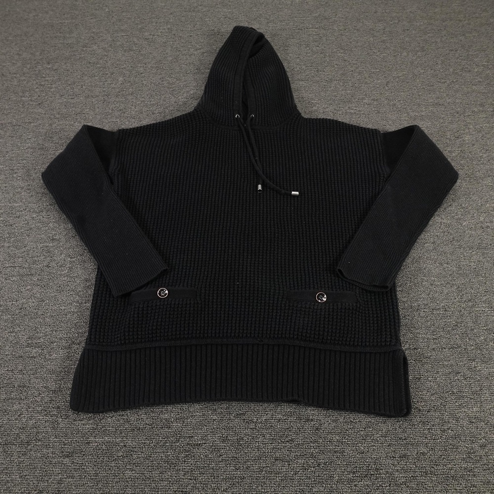 Banana Republic Sweater Mens Medium Black Hooded Waffle Knit Pullover Pockets